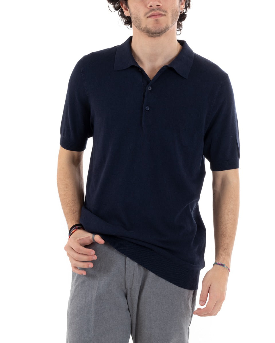 Polo T-Shirt Uomo Manica Corta Tinta Unita Blu Filo Casual GIOSAL-TS2790A