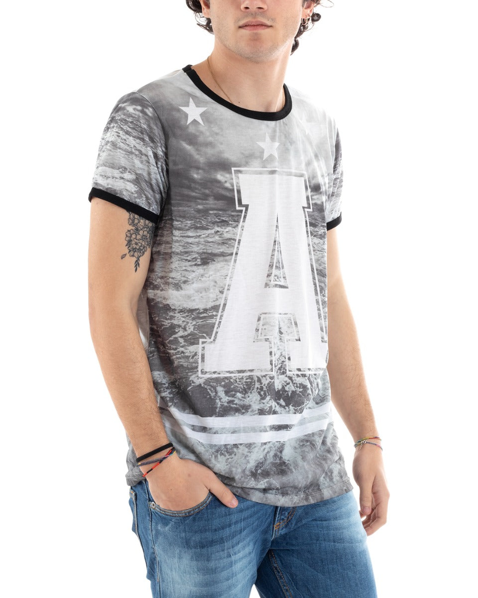 Men's T-Shirt Half Sleeve Letter Print Sea Gray Round Neck Slim Stripes GIOSAL-TS2799A