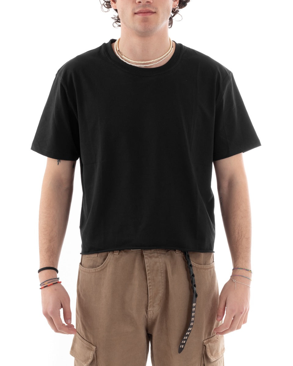 T-shirt Uomo Cropped Tinta Unita Nera Boxy Fit Corta Maniche Corte Cas