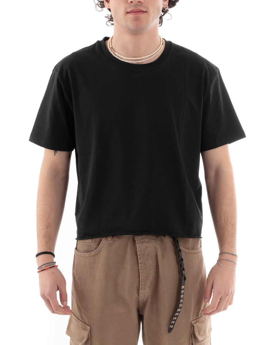 Men's Cropped T-shirt Solid Color Black Boxy Fit Short Sleeve Casual Raw Cut GIOSAL-TS2854A
