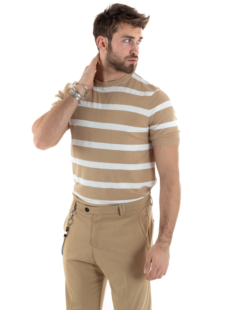 Men's Thread Striped T-shirt Short Sleeve Casual Beige Round Neck GIOSAL-TS2861A