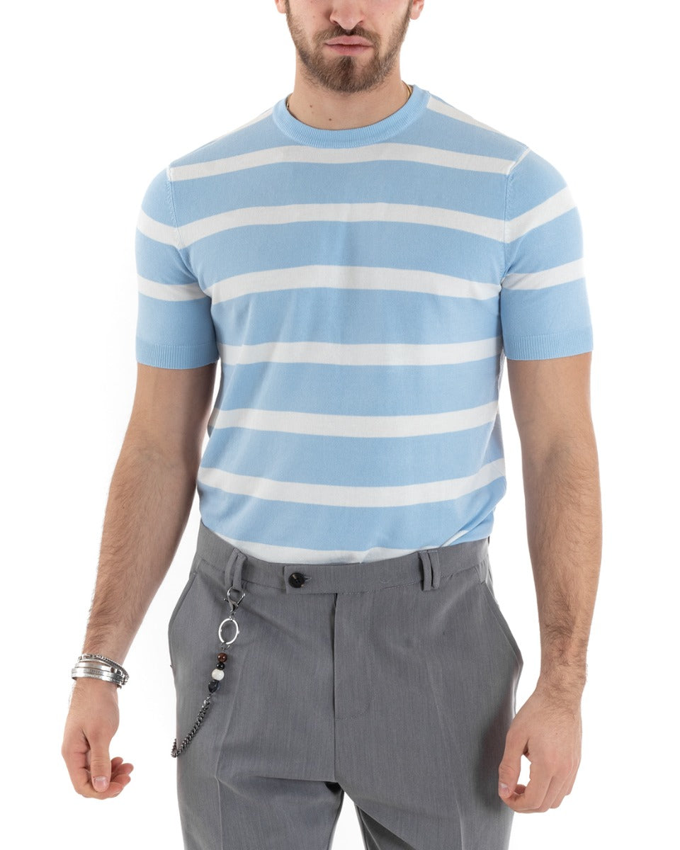 Men's Thread Striped T-shirt Short Sleeve Casual Light Blue Round Neck GIOSAL-TS2862A