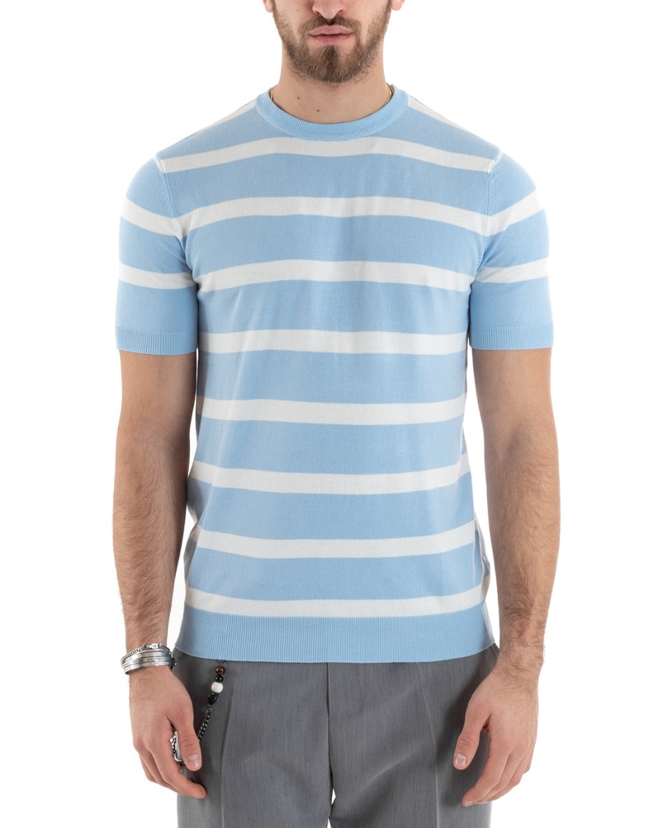 Men's Thread Striped T-shirt Short Sleeve Casual Light Blue Round Neck GIOSAL-TS2862A