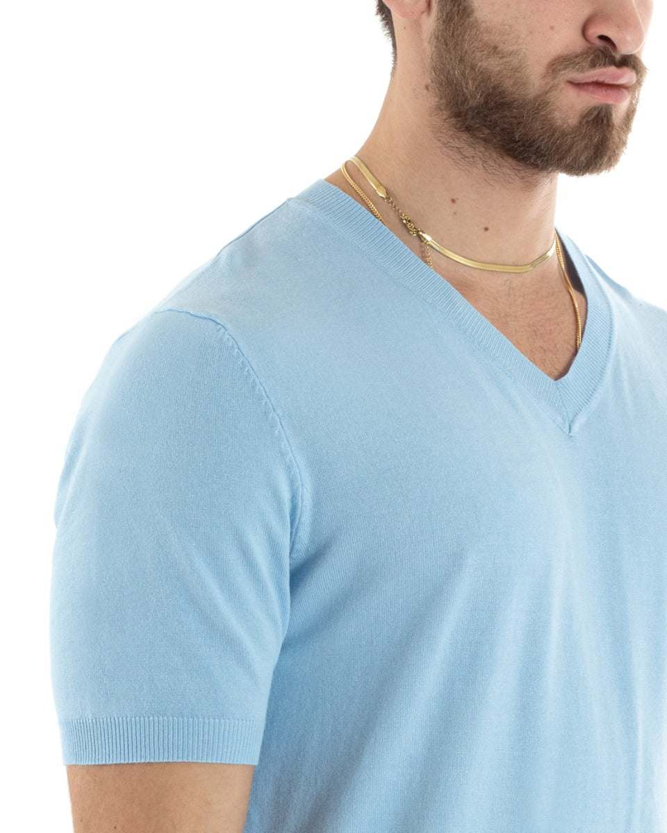Men's Thread Short Sleeve Solid Color Light Blue V-Neck Casual T-shirt GIOSAL-TS2865A