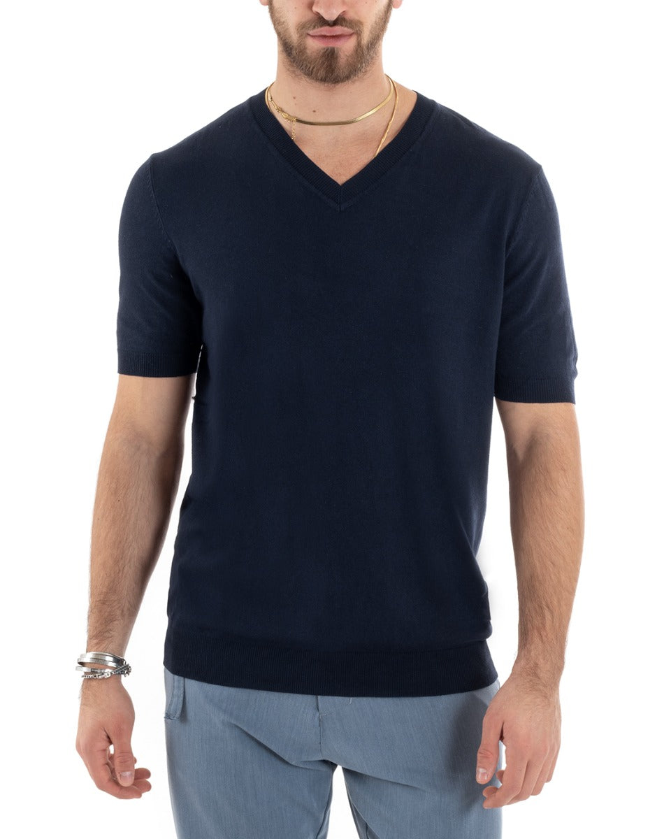 T-shirt Uomo Filo Maniche Corte Tinta Unita Blu Scollo a V Casual GIOSAL-TS2867A