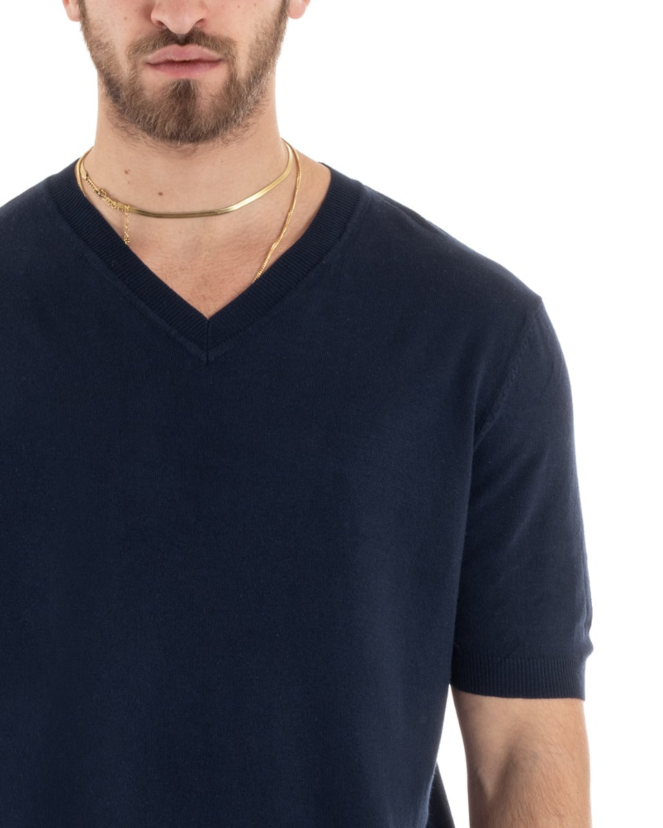 Men's Thread Short Sleeve Solid Color Blue V-Neck Casual T-shirt GIOSAL-TS2867A