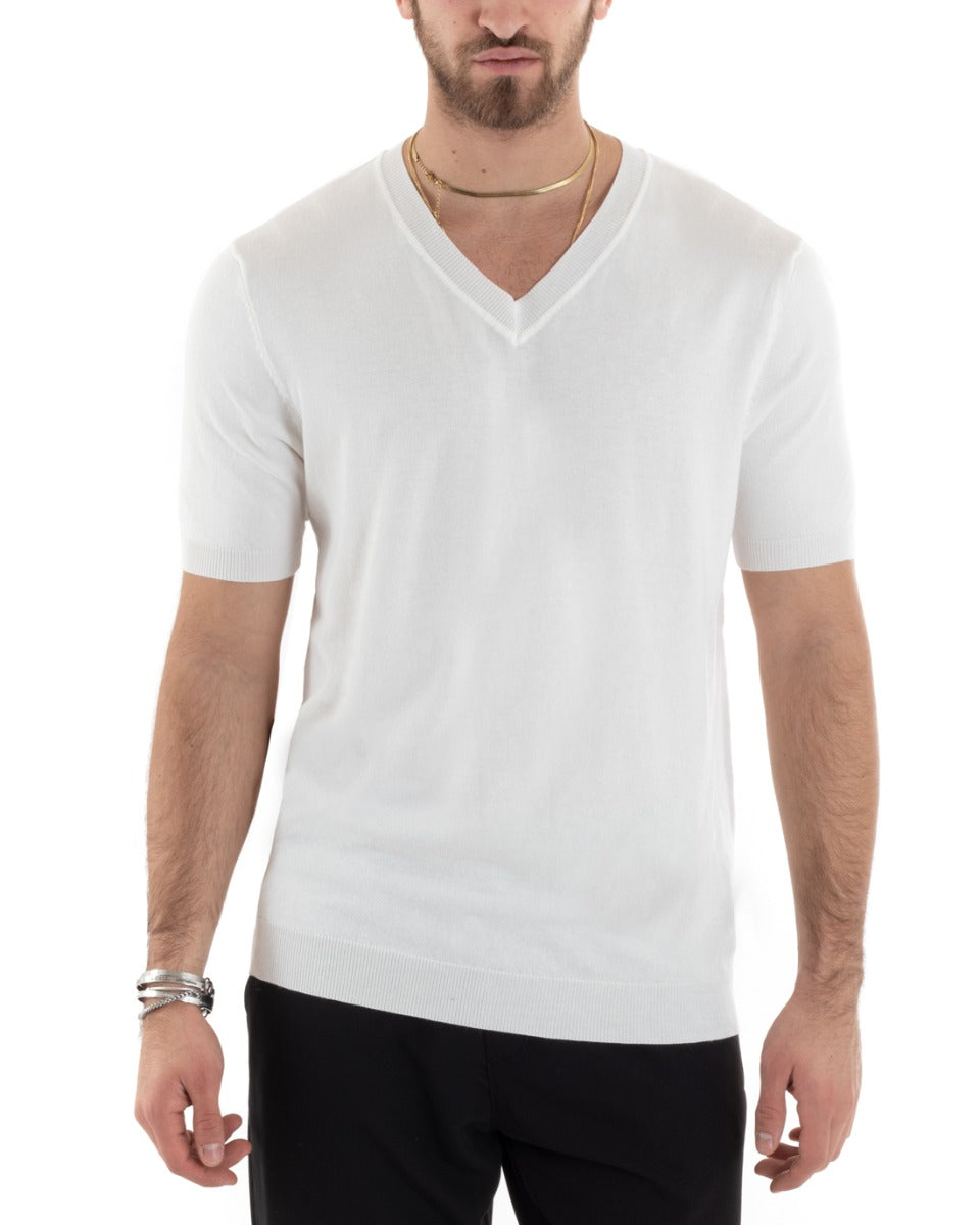 Men's Thread Short Sleeve Solid Color White V-Neck Casual T-shirt GIOSAL-TS2868A