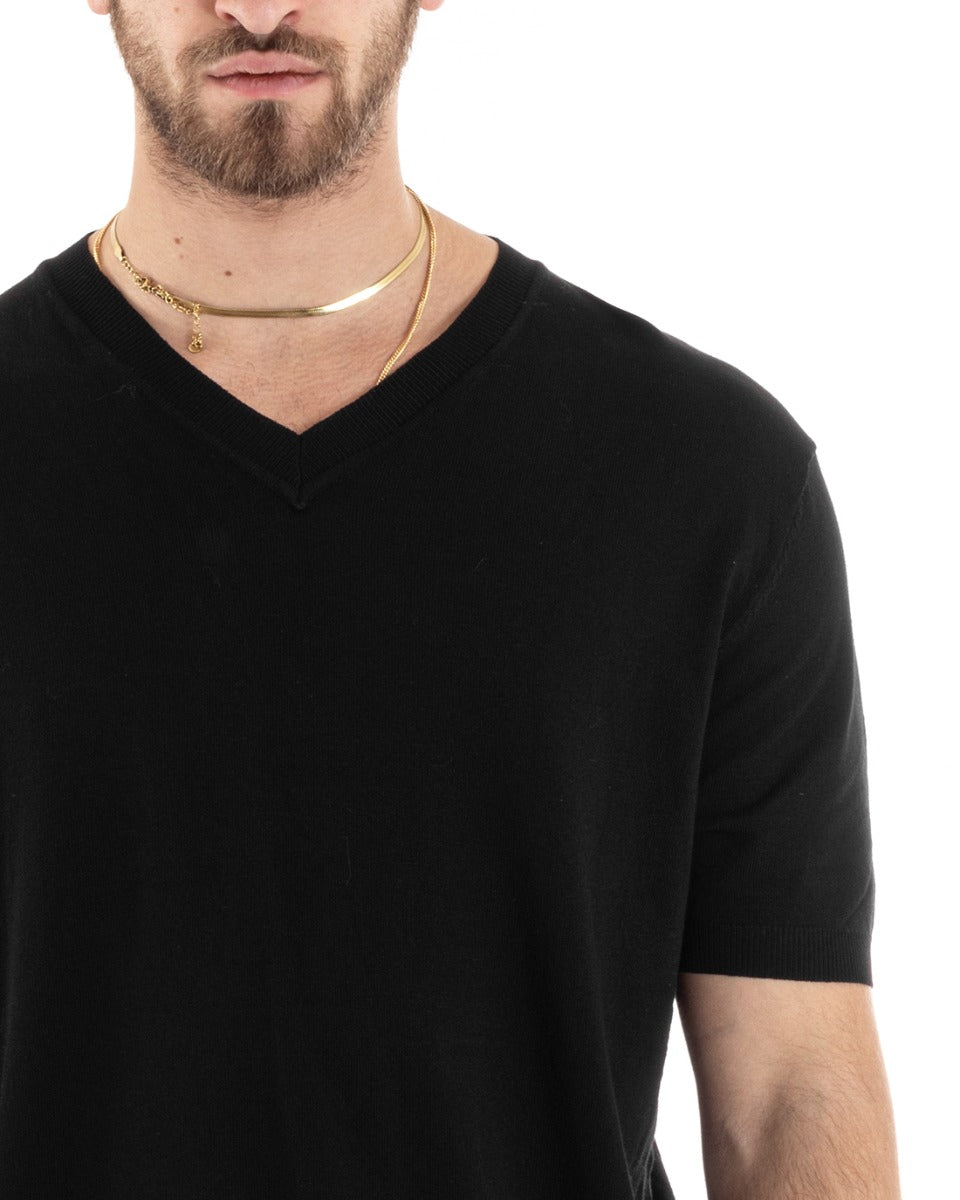 Men's Thread Short Sleeve Solid Color Black V-Neck Casual T-shirt GIOSAL-TS2869A