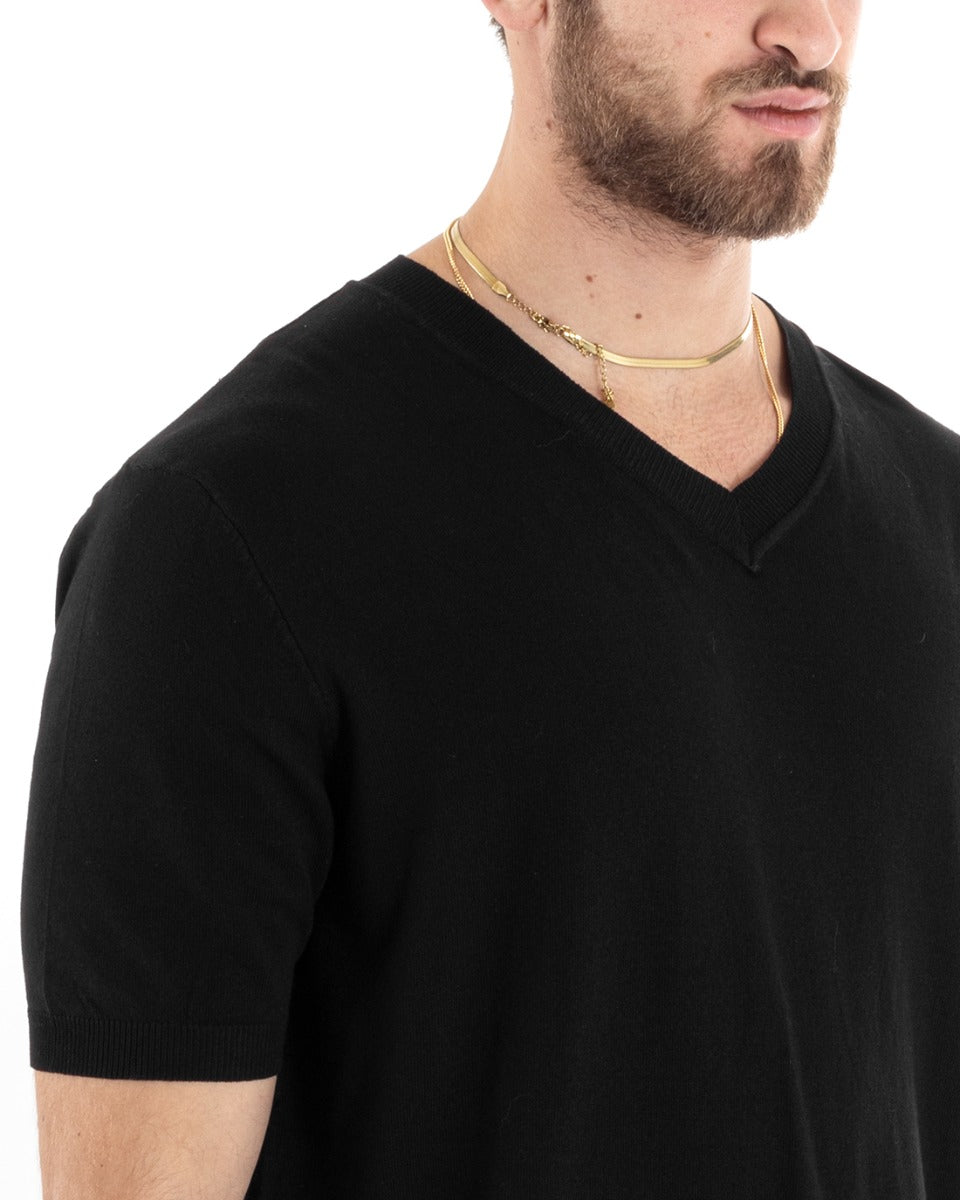 Men's Thread Short Sleeve Solid Color Black V-Neck Casual T-shirt GIOSAL-TS2869A