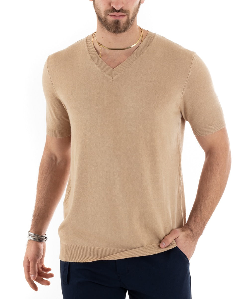 Men's Thread Short Sleeve Solid Color Camel V-Neck Casual T-shirt GIOSAL-TS2870A