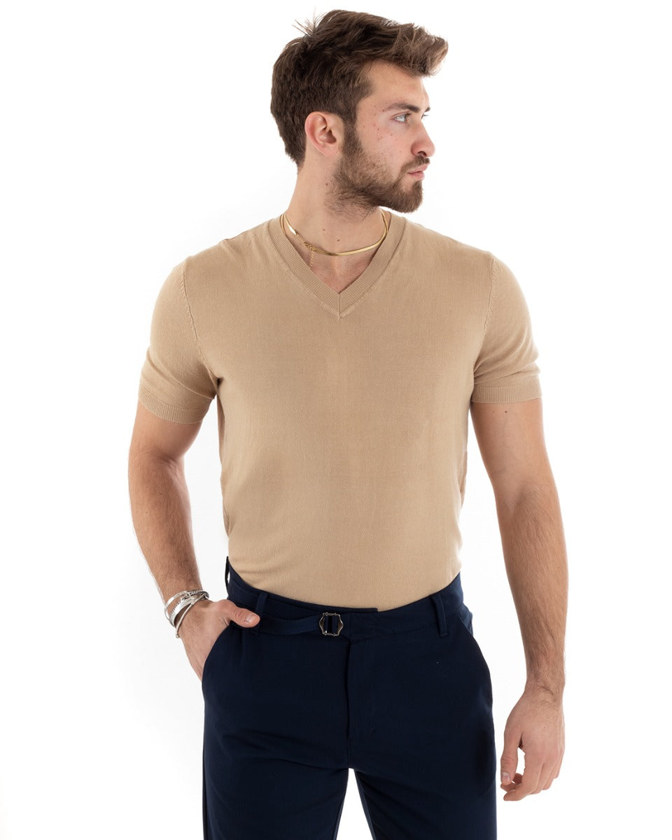 Men's Thread Short Sleeve Solid Color Camel V-Neck Casual T-shirt GIOSAL-TS2870A