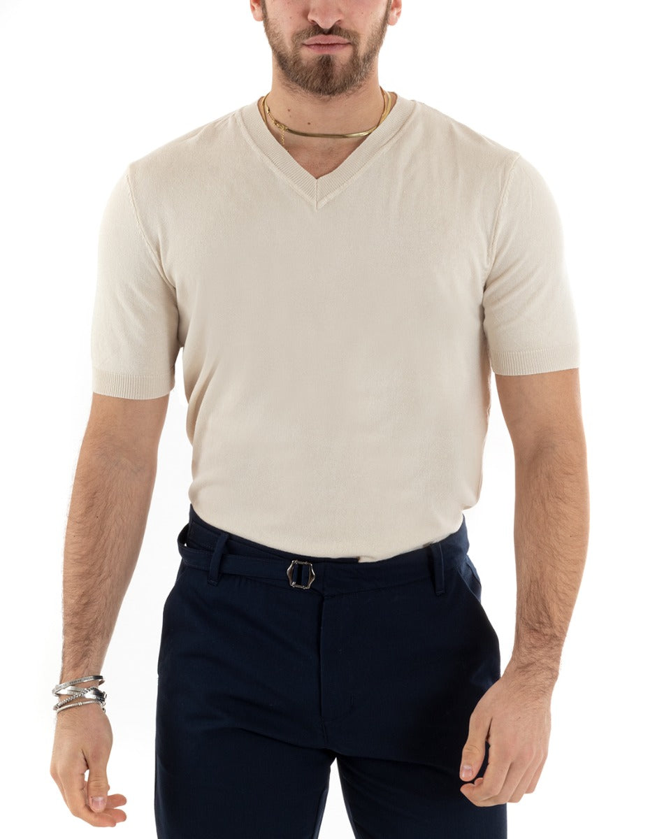 Men's Thread Short Sleeve Solid Color Beige V-Neck Casual T-shirt GIOSAL-TS2871A