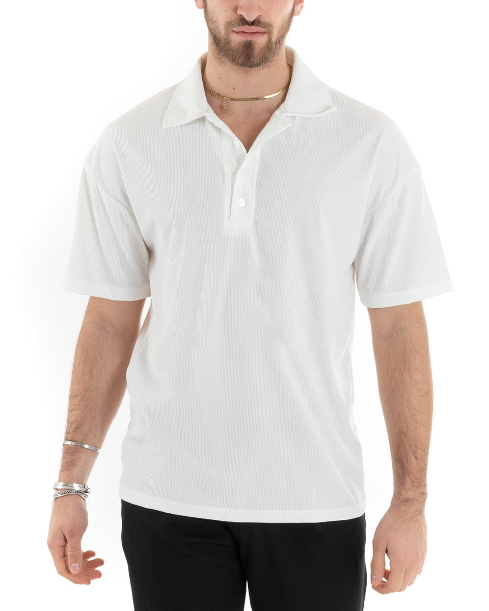 Men's Solid Color Ribbed Polo Shirt Solid White Collar Short Sleeve Casual GIOSAL-TS2876A
