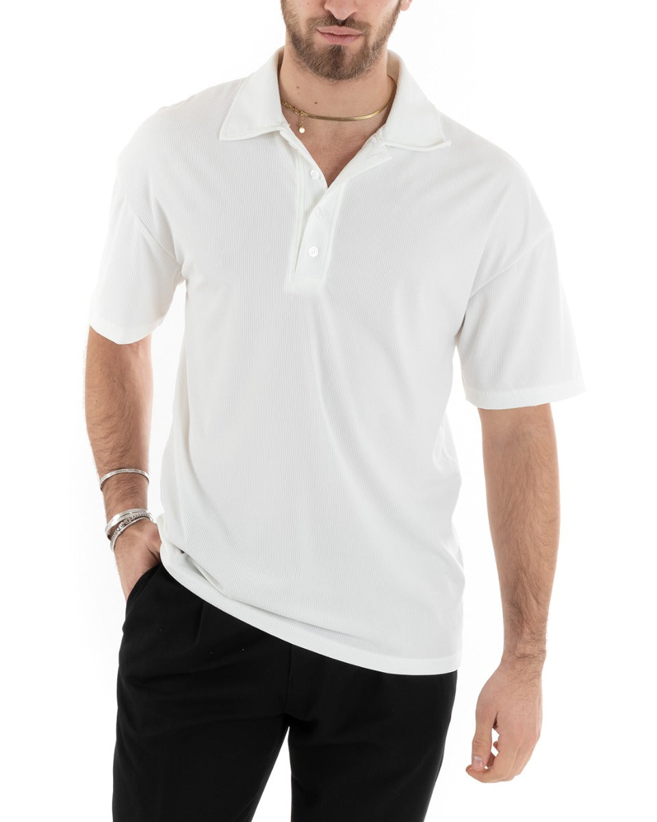 Men's Solid Color Ribbed Polo Shirt Solid White Collar Short Sleeve Casual GIOSAL-TS2876A