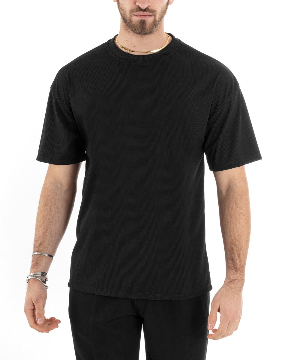 Men's T-shirt Short Sleeve Round Neck Solid Color Black Ribbed GIOSAL-TS2878A