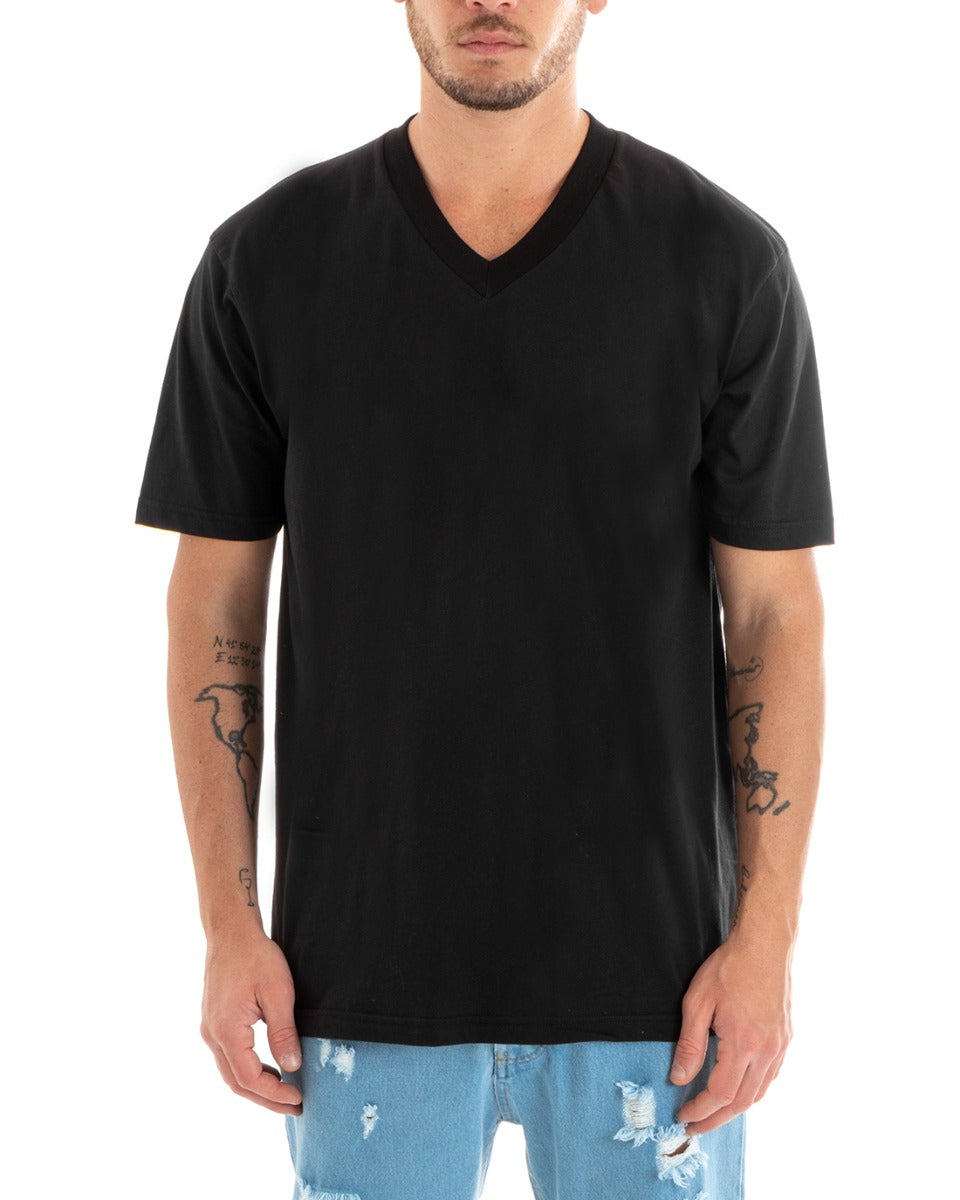 T-shirt Uomo Maglia Tinta Unita Nera Oversize Scollo a V Basic Casual GIOSAL-TS2882A