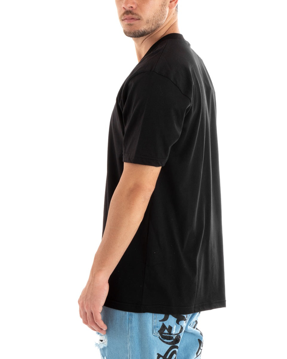 T-shirt Uomo Maglia Tinta Unita Nera Oversize Scollo a V Basic Casual GIOSAL-TS2882A
