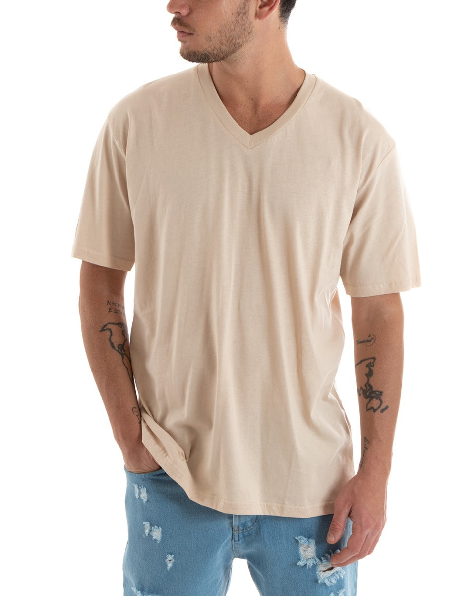 T-shirt Uomo Maglia Tinta Unita Beige Oversize Scollo a V Basic Casual GIOSAL-TS2883A