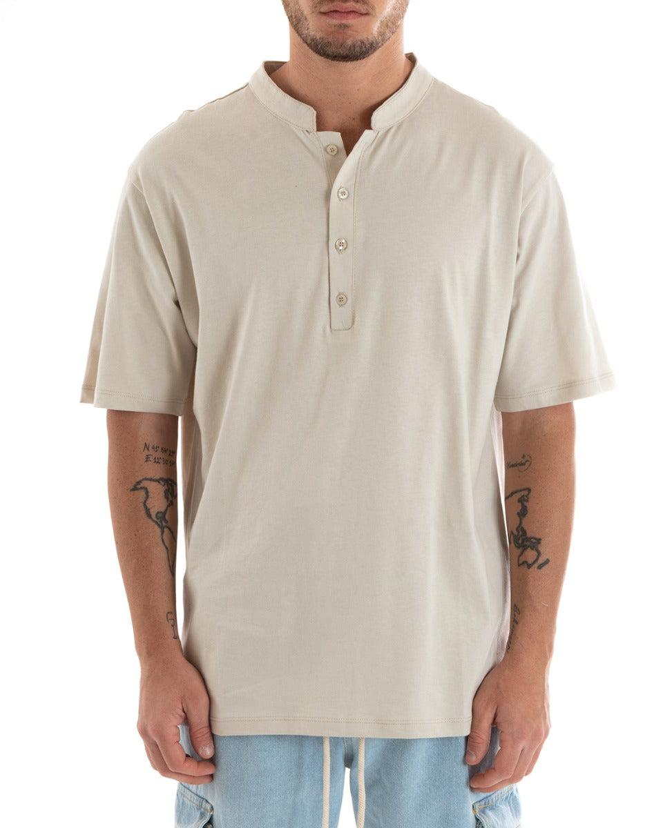 Men's T-shirt Collar Buttons Solid Color Beige Short Sleeve White Casual GIOSAL-TS2885A