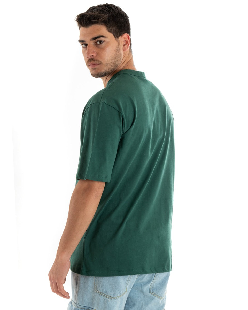 T-shirt Uomo Collo Bottoni Tinta Unita Verde Manica Corta Bianca Casual GIOSAL-TS2886A