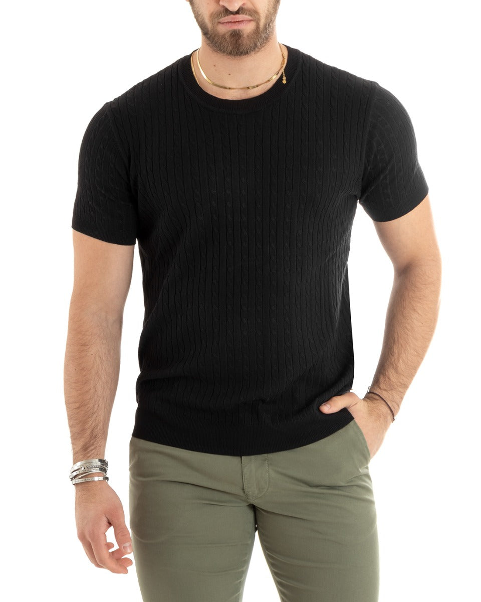 Men's T-shirt Thread Short Sleeve Round Neck Solid Color Black Basic Braids GIOSAL-TS2888A