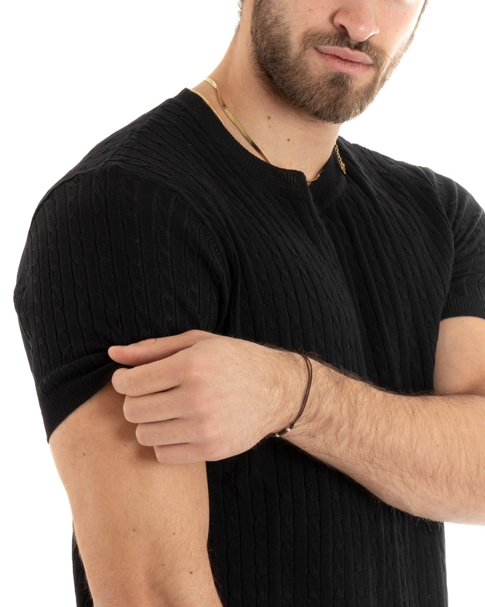 Men's T-shirt Thread Short Sleeve Round Neck Solid Color Black Basic Braids GIOSAL-TS2888A