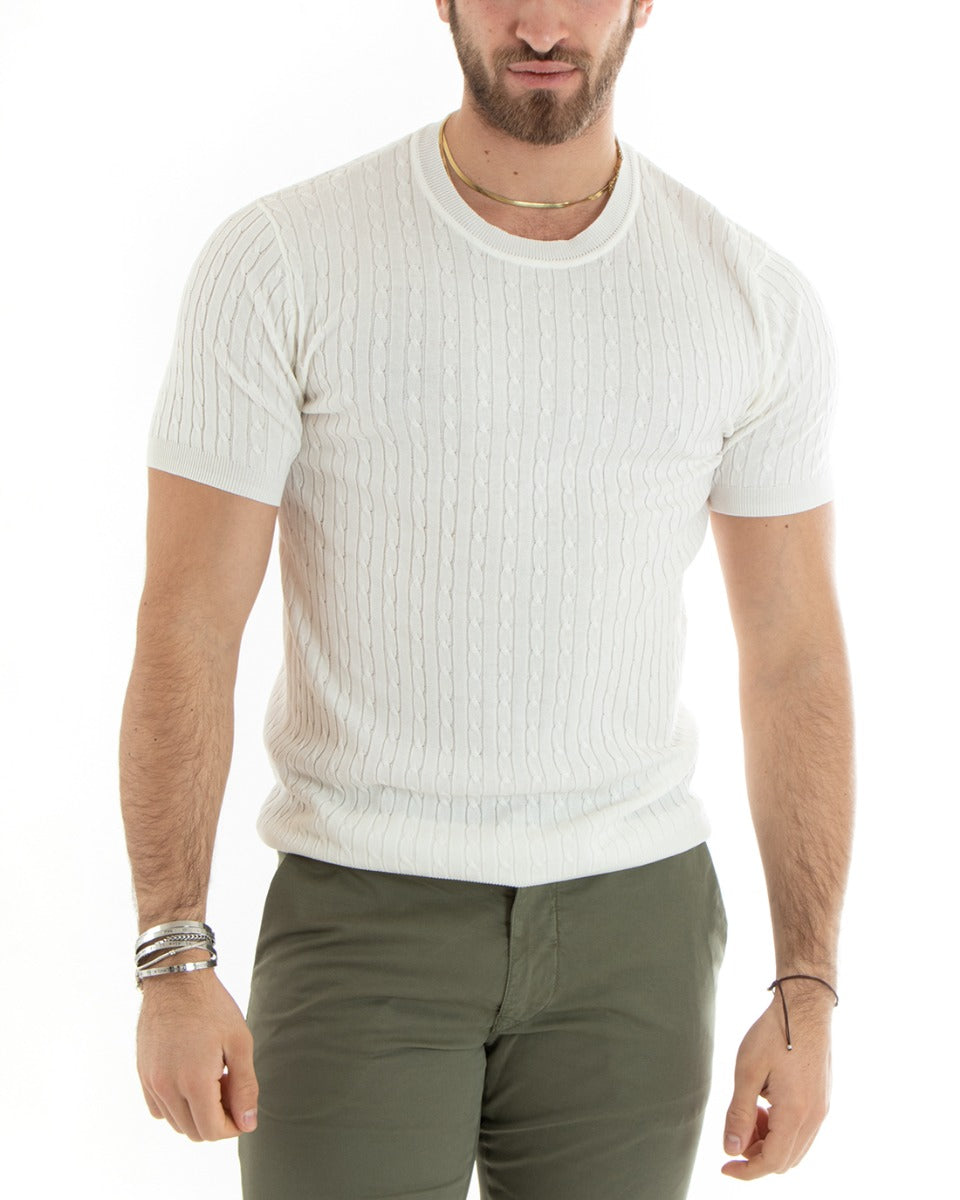 Men's T-shirt Thread Short Sleeve Round Neck Solid Color White Basic Braids GIOSAL-TS2889A
