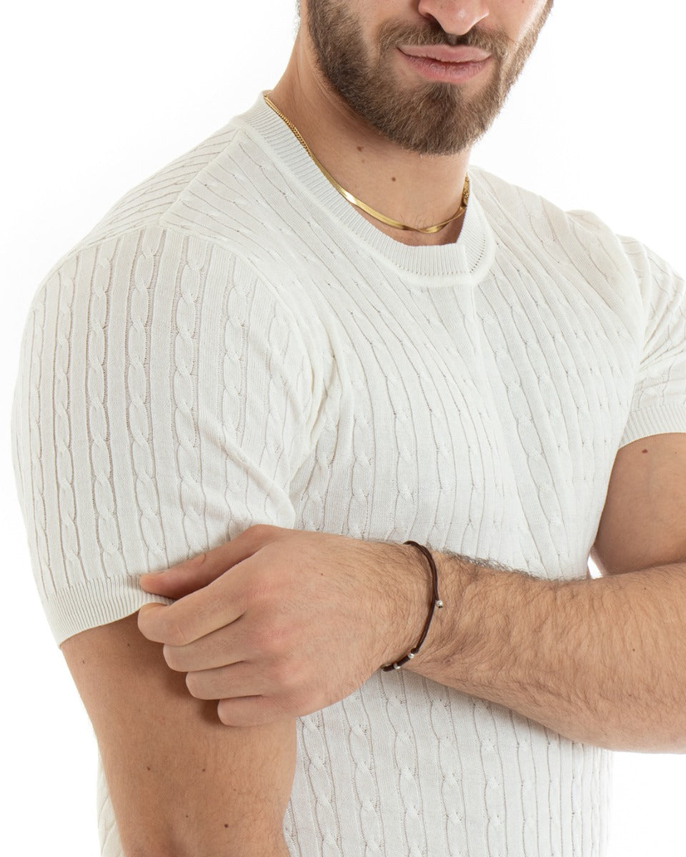 Men's T-shirt Thread Short Sleeve Round Neck Solid Color White Basic Braids GIOSAL-TS2889A