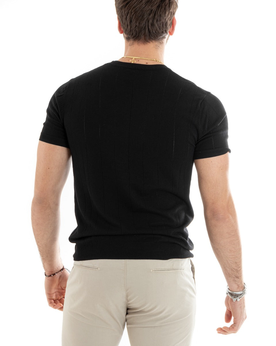 Men's T-Shirt Short Sleeve Solid Color Striped Thread Round Neck Black GIOSAL-TS2892A