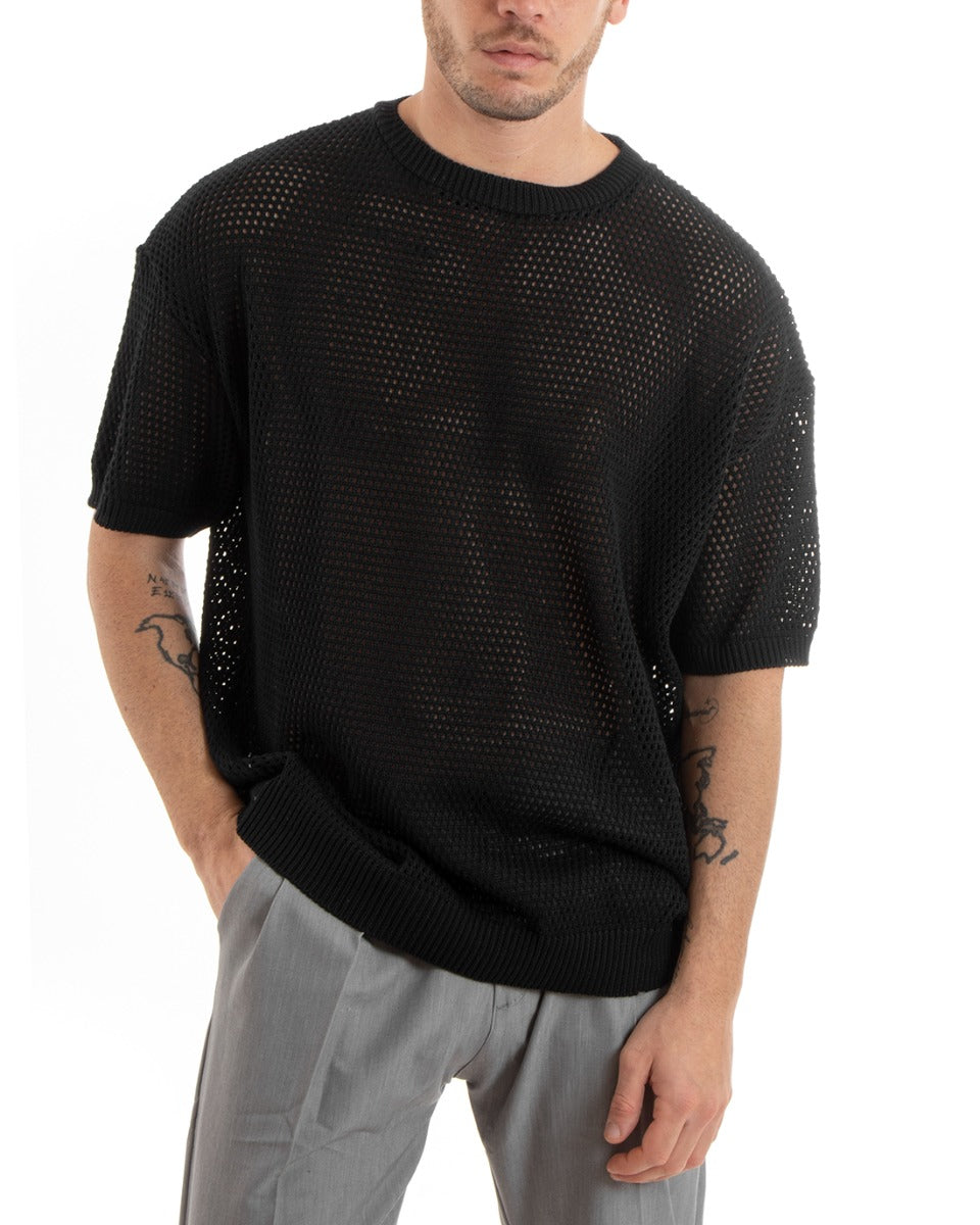 Men's T-shirt Perforated Crew Neck Short Sleeve Solid Color Black GIOSAL-TS2895A