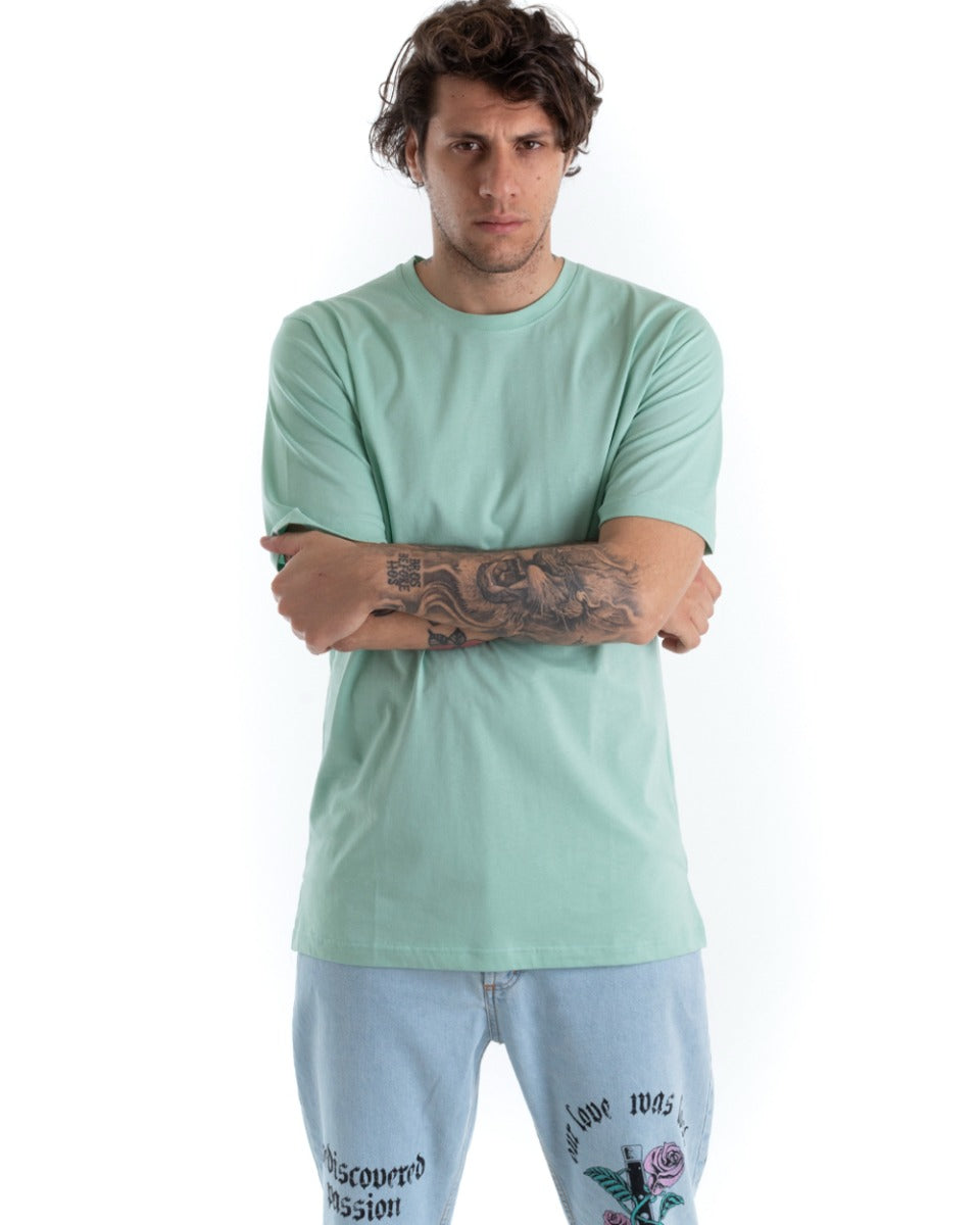 Basic Men's T-shirt Solid Color Aqua Green Round Neck Short Sleeve Casual Slits GIOSAL-TS2931A