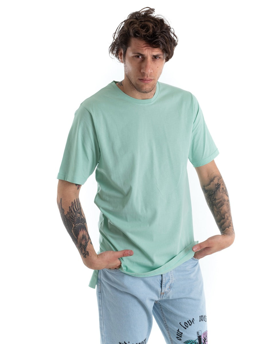 Basic Men's T-shirt Solid Color Aqua Green Round Neck Short Sleeve Casual Slits GIOSAL-TS2931A