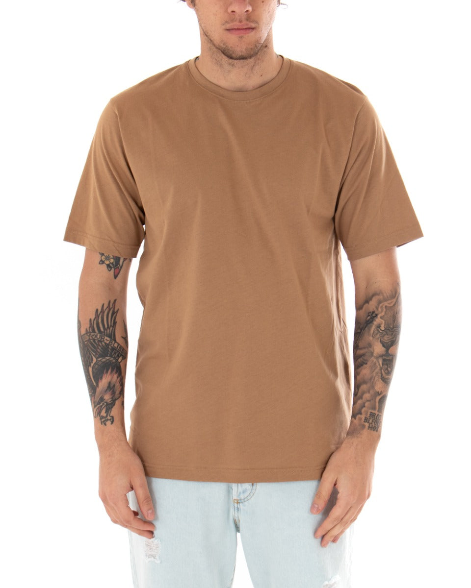 Basic Men's T-shirt Solid Color Camel Crew Neck Short Sleeve Casual Slits GIOSAL-TS2932A