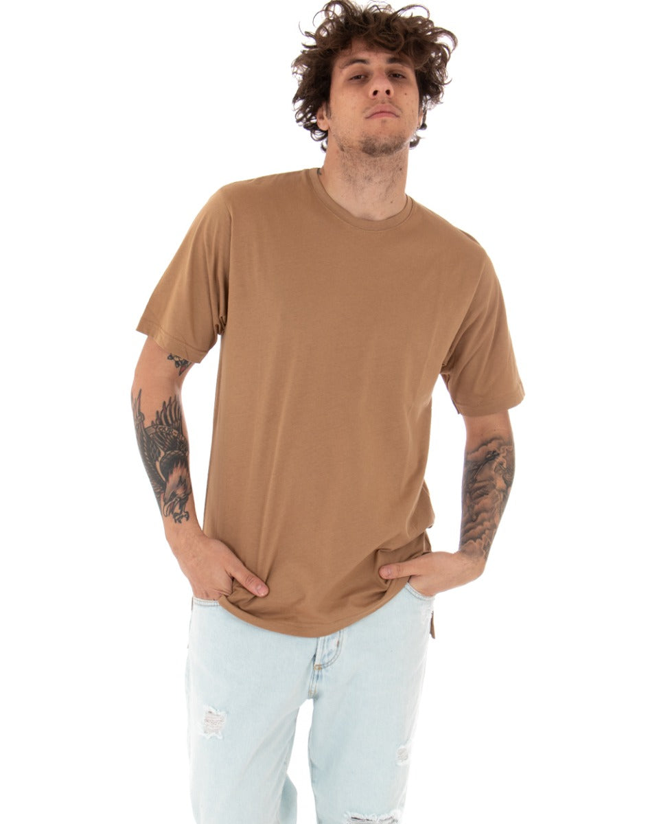 Basic Men's T-shirt Solid Color Camel Crew Neck Short Sleeve Casual Slits GIOSAL-TS2932A