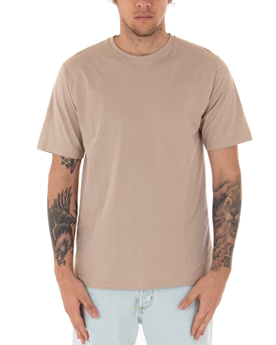 Basic Men's T-shirt Solid Color Beige Crew Neck Short Sleeve Casual Slits GIOSAL-TS2933A