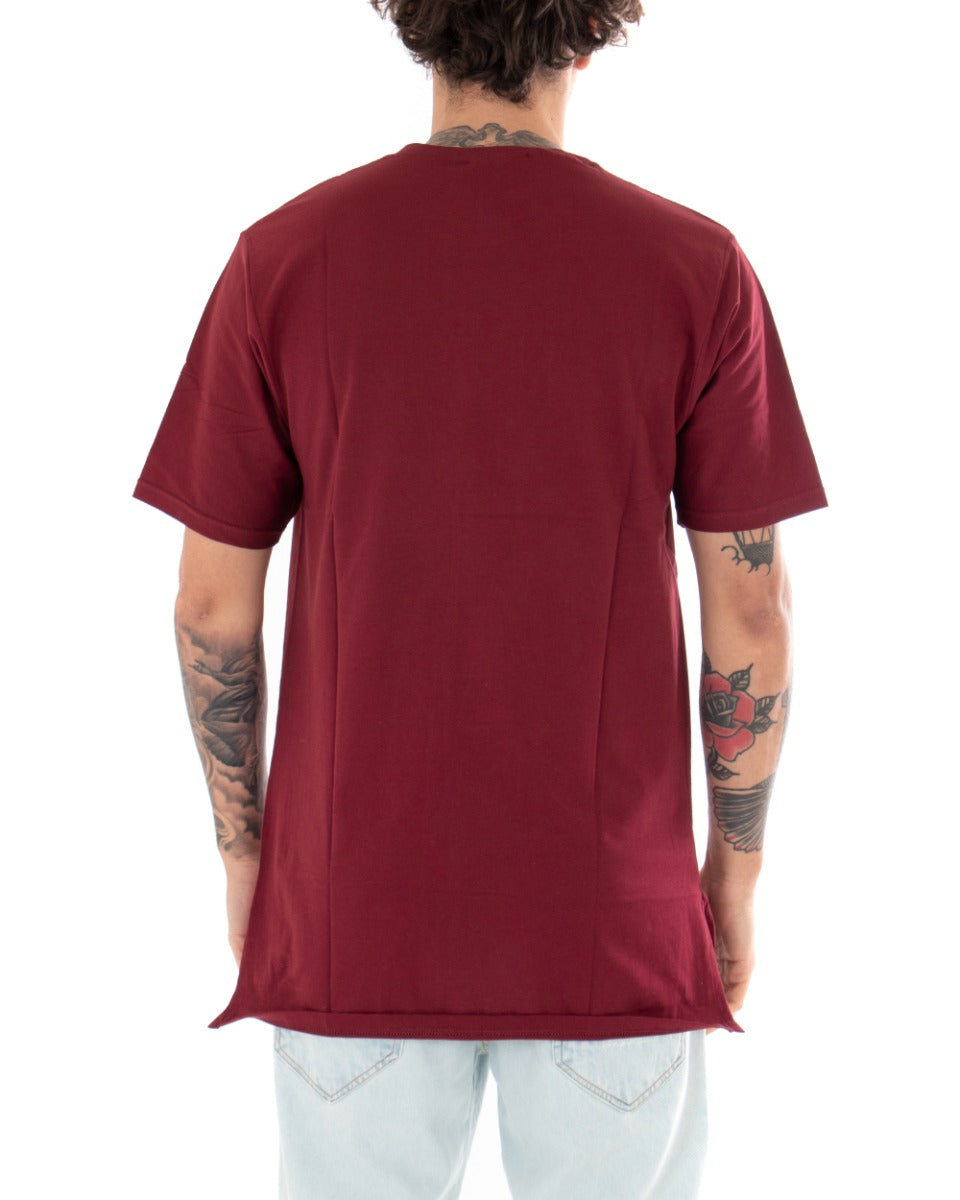 Basic Men's T-shirt Solid Color Burgundy Crew Neck Short Sleeve Casual Slits GIOSAL-TS2934A