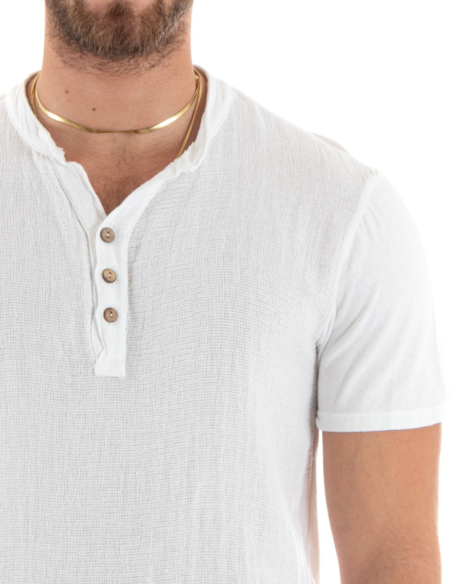 Men's T-shirt Seraph Collar Buttons Solid Color Short Sleeve White Cotton Casual GIOSAL-TS2957A