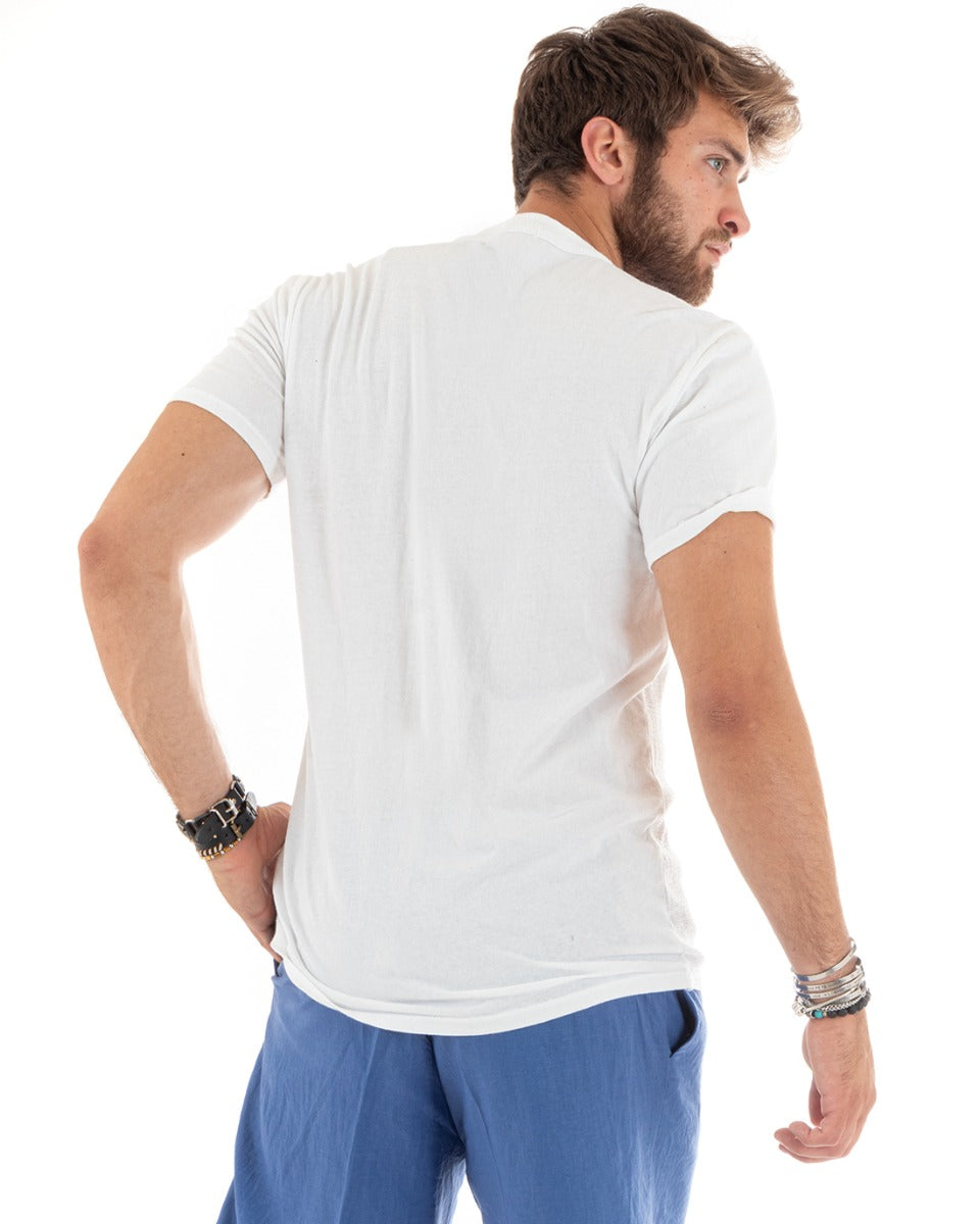 Men's T-shirt Seraph Collar Buttons Solid Color Short Sleeve White Cotton Casual GIOSAL-TS2957A