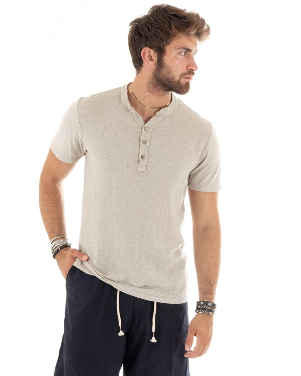 Men's T-shirt Seraph Collar Buttons Solid Color Short Sleeve Cotton Beige Casual GIOSAL-TS2958A