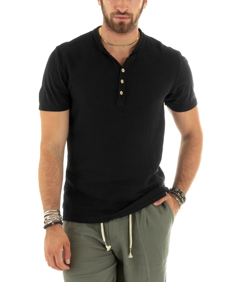 Men's Seraph Collar T-shirt Solid Color Buttons Short Sleeve Black Cotton Casual GIOSAL-TS2960A