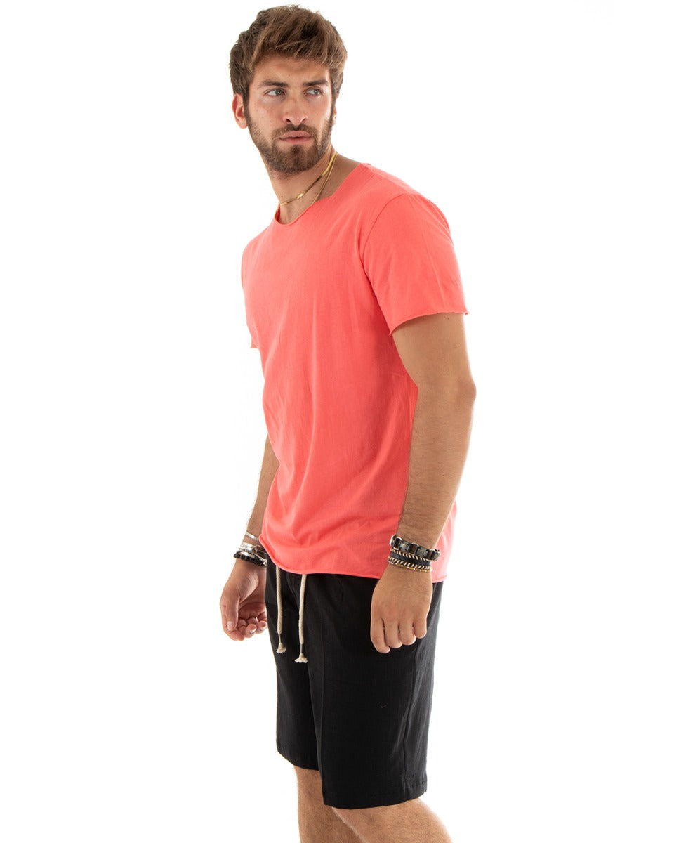 Men's T-shirt Crew Neck Short Sleeves Raw Cut Solid Color Coral Basic GIOSAL-TS2961A