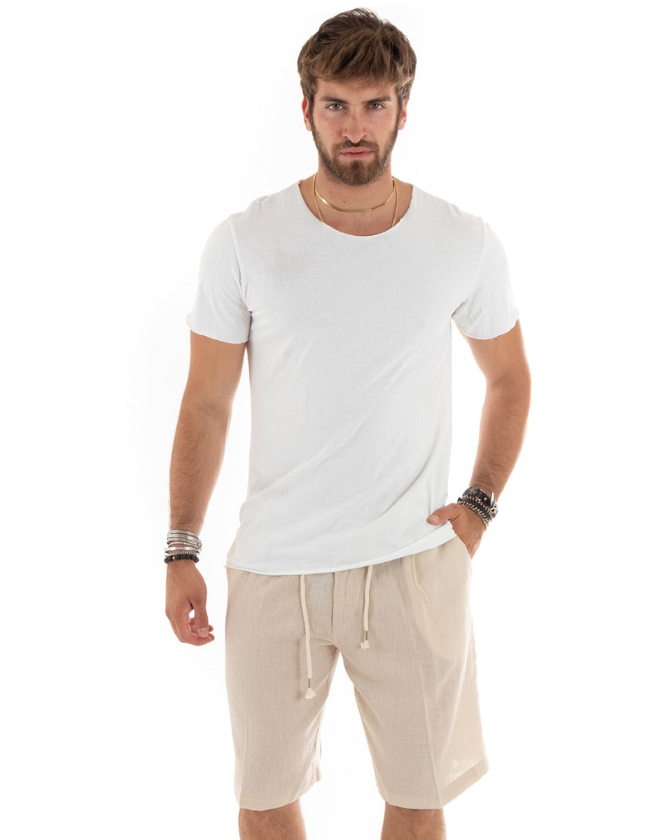 Men's T-shirt Crew Neck Short Sleeves Raw Cut Solid Color Basic White GIOSAL-TS2963A