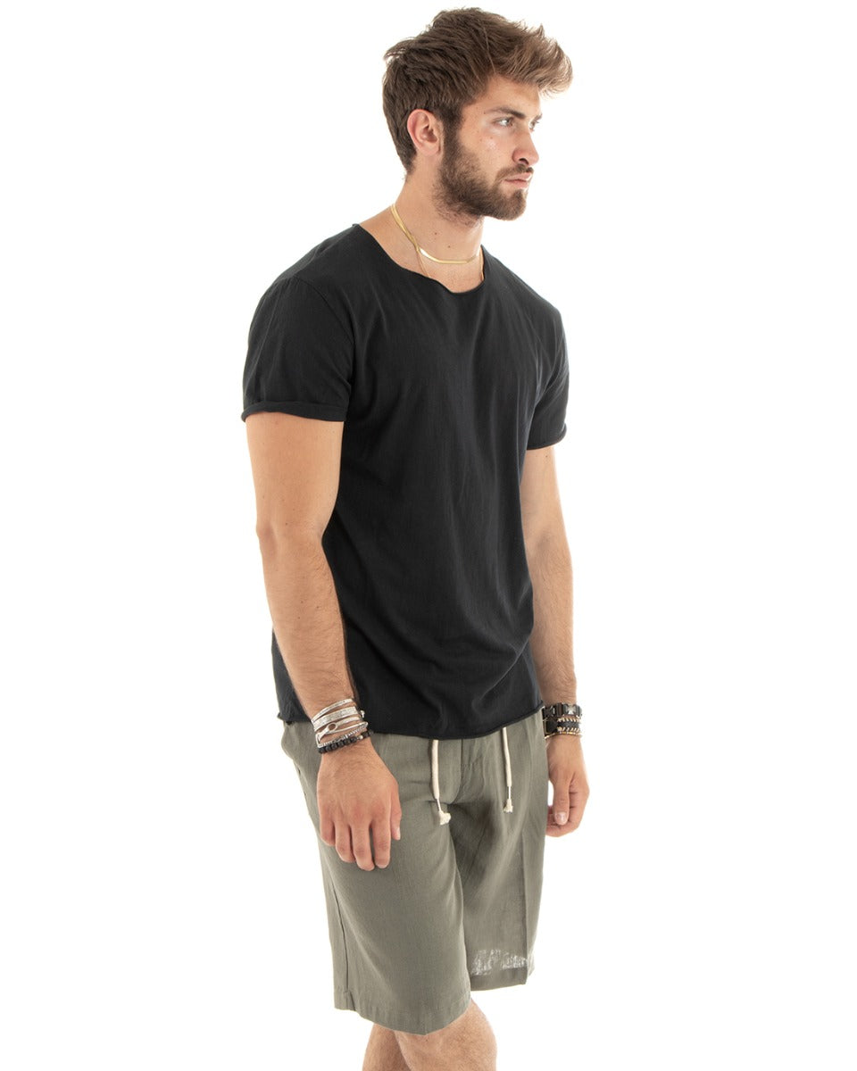 Men's T-shirt Round Neck Short Sleeves Raw Cut Solid Color Basic Black GIOSAL-TS2964A