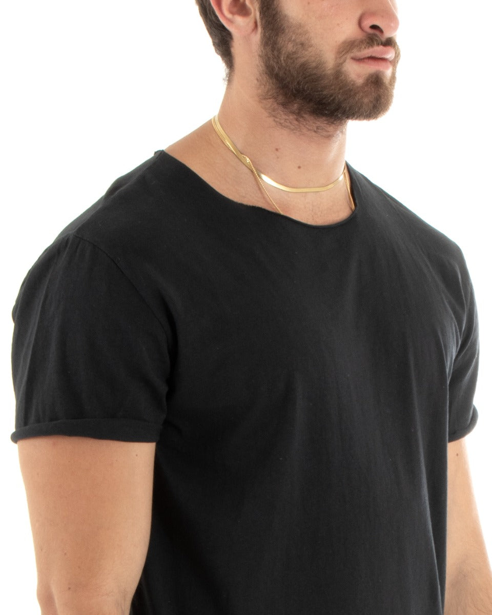 Men's T-shirt Round Neck Short Sleeves Raw Cut Solid Color Basic Black GIOSAL-TS2964A