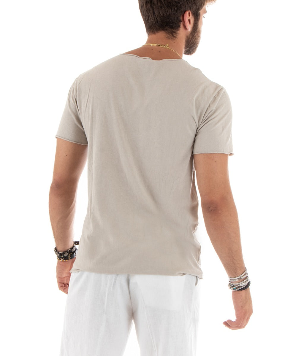 Men's T-shirt Round Neck Short Sleeves Raw Cut Solid Color Beige Basic GIOSAL-TS2965A