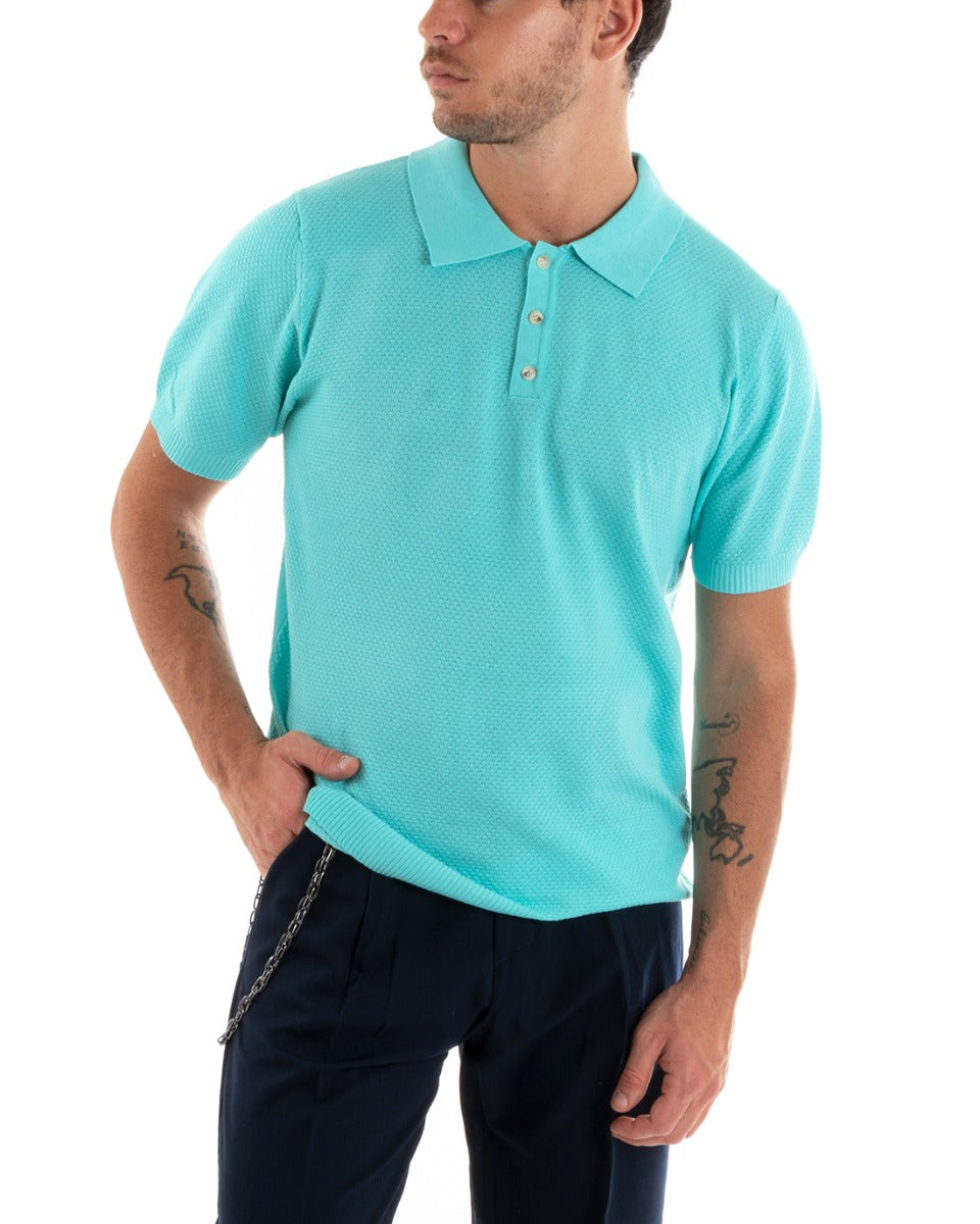 Men's Polo T-Shirt Short Sleeve Solid Color Button Neckline Embroidered Casual Turquoise GIOSAL-TS2966A