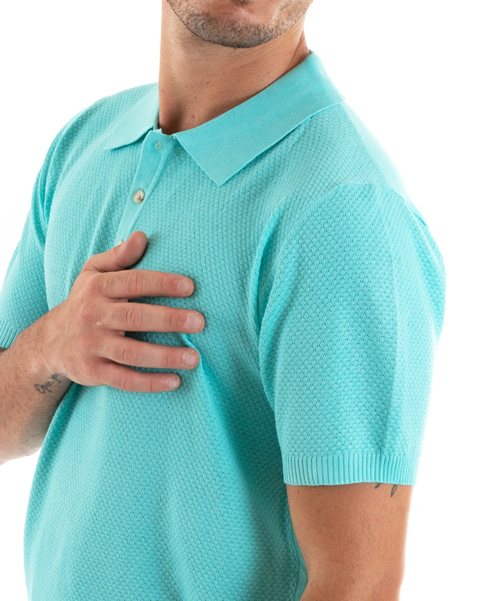 Men's Polo T-Shirt Short Sleeve Solid Color Button Neckline Embroidered Casual Turquoise GIOSAL-TS2966A