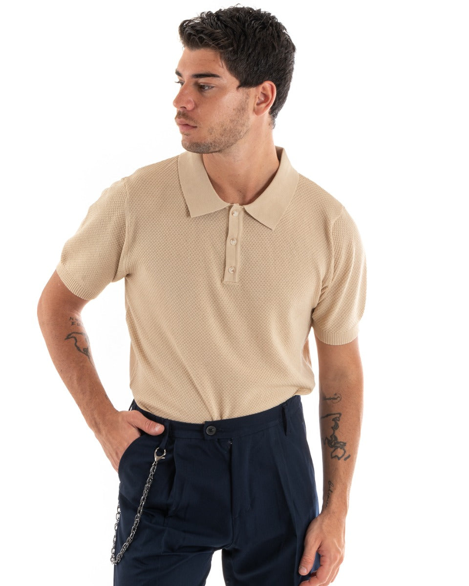 Men's Polo T-Shirt Short Sleeve Solid Color Button Neckline Embroidered Casual Beige GIOSAL-TS2967A