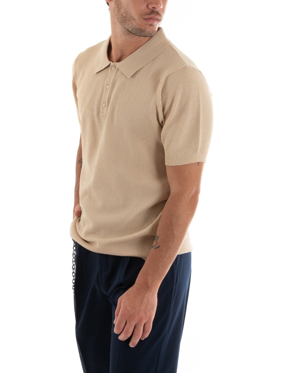 Men's Polo T-Shirt Short Sleeve Solid Color Button Neckline Embroidered Casual Beige GIOSAL-TS2967A