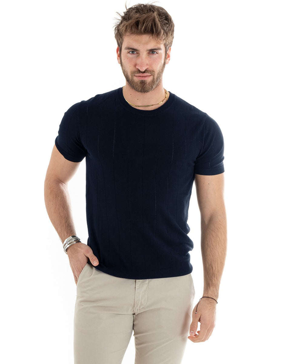 Men's T-Shirt Short Sleeve Solid Color Striped Thread Round Neck Blue GIOSAL-TS2969A